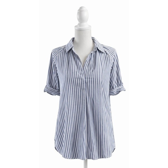 Max Studio Women's Size Small White & Blue Striped Cuffed Short Sleeve Shirt - Picture 4 of 11
